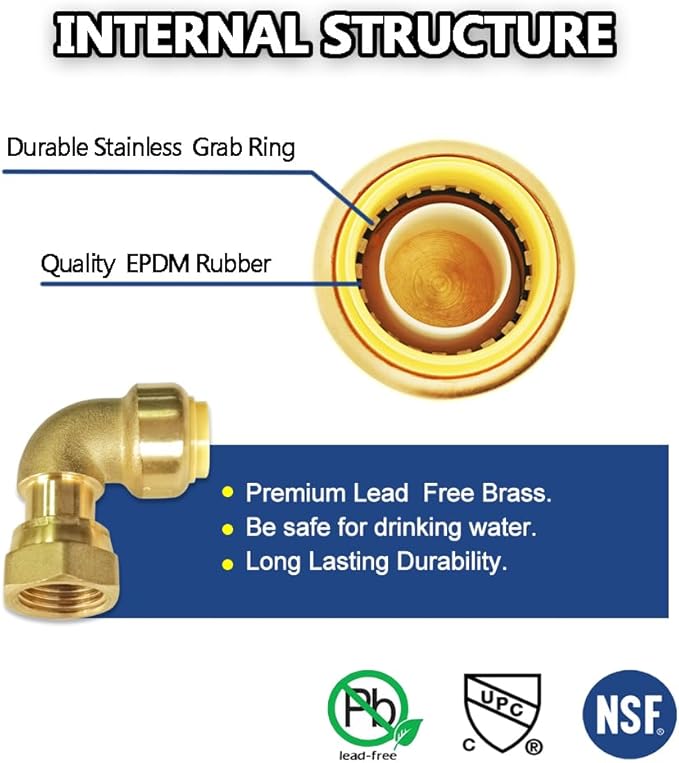 HQMPC Push Elbow Coupling with Union 3/4"X3/4" 6Pcs Push-to-Connect Plumbing Fittings Brass Pipe Connector Fittings for Copper PEX CPVC 2Pcs