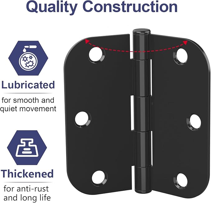 18 Pack Rounded Matte Black Door Hinges, 3.5 x 3.5 Inch Hinges with 5/8" Radius Corners, Durable and No Squeak Hinges, for Home Interior, Exterior Doors and Commercial Use