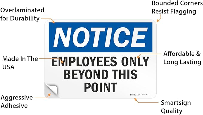 SmartSign “Employees Only Beyond This Point” Labels | 7" x 10" Laminated Vinyl Sticker with Heavy-Duty Adhesive (Pack of 2), Made in USA