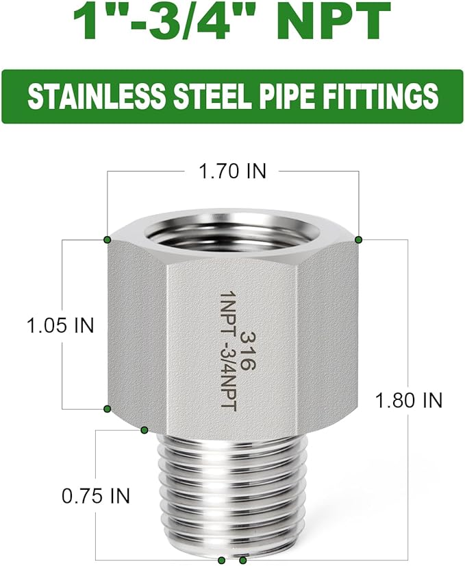 TAISHER 2PCS Forging of 316L Stainless Steel Pipe Fitting, Reducer Adapter, 3/4" NPT Male x 1" NPT Female, Reducing Pipe Adapter Fitting