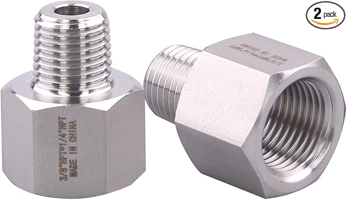 Forged Reducer Adapter Fitting - Stainless Steel 304 Reducing Pipe Connector, 3/8" NPT Female x 1/4" NPT Male (pack of 2)