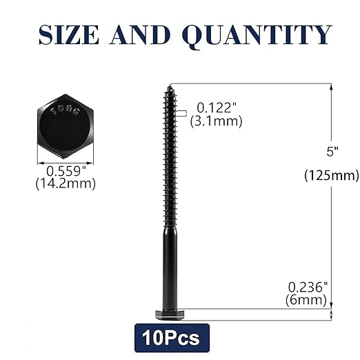 3/8" x 5" Hex Head Lag Screws Bolts 10Pcs 304 Stainless Steel 18-8, Partial Thread, Hexagon Head Wood Screws by Black Oxide by SG TZH