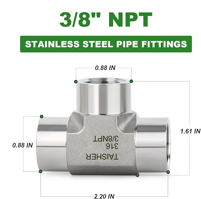 TAISHER 1PCS Forging of 316L Stainless Steel Tee Pipe Fittings, 3/8" x 3/8" x 3/8" NPT Female Pipe Fittings