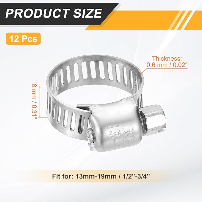 HARFINGTON 12 Pcs Hose Clamp 1/2"-3/4" (13-19mm) 304 Stainless Steel Adjustable Worm Gear Hose Clamp Assortment Kit for Fuel Line Pipe Plumbing Automotive Tube Mechanical