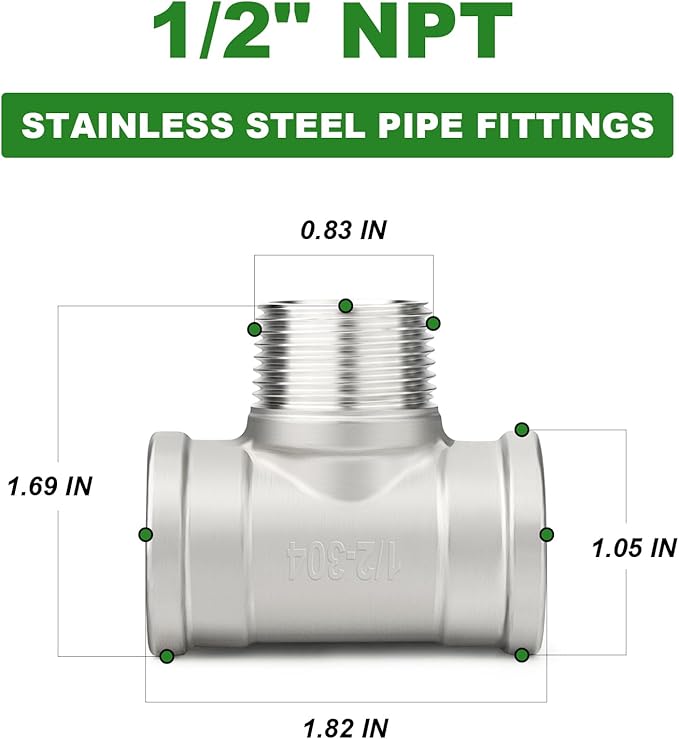 TAISHER 5PCS 304 Stainless Steel Tee Pipe Fittings, 1/2" NPT Female x 1/2" NPT Male x 1/2" NPT Female Pipe Fittings, Male Branch Tee