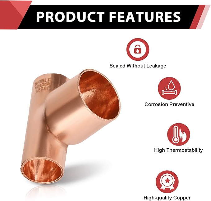 5-Pack EFIELD 3/4" X 3/4" X 1" C X C X C Copper Reducing Tee, LF Copper Plumbing Fittings with Sweat Solder Connection,(COPPER109)