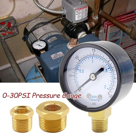 Pressure Gauge 0-30PSI 1/4" NPT Male Brass Bottom Mount 2" Dial Stainless Steel Case Include 1/2" NPT and 3/8" NPT Connector Universal Multifunctional
