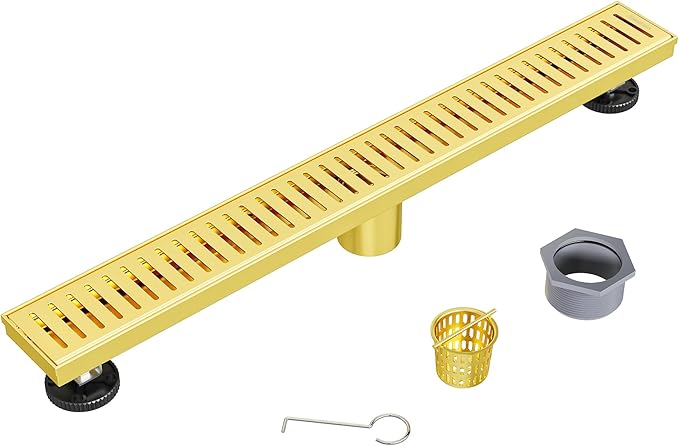 Neodrain 24" Gold Bathroom Linear Shower Drain with Removable Capsule Pattern Grate, 304 Stainless Steel Rectangle Shower Floor Linear Drain- Adjustable Leveling Feet,Hair Strainer, CUPC Certified