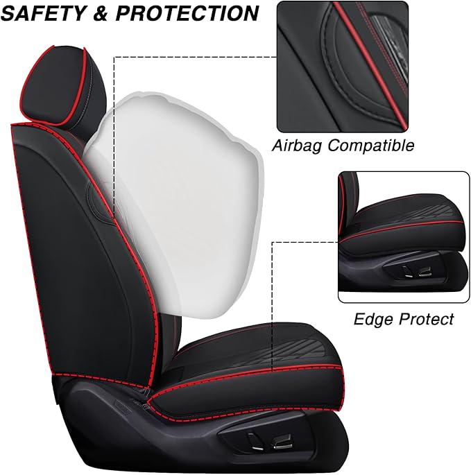Car Seat Covers for Jaguar E-PACE 2018-2024,Breathable Nappa Leather Car Seat Protector,Front Seat Cover with Pillow Automotive Seat Cushion with Airbag Compatible(Front Seats,Black-Red)