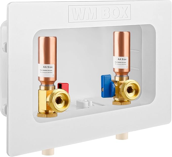 Washing Machine Outlet Box with Center Drain, 1/2" CPVC Inlet x 3/4" MHT Outlet Connection with Hot and Cold 1/4-turn Shut-off Ball Valve and Copper Water Hammer Arrestor