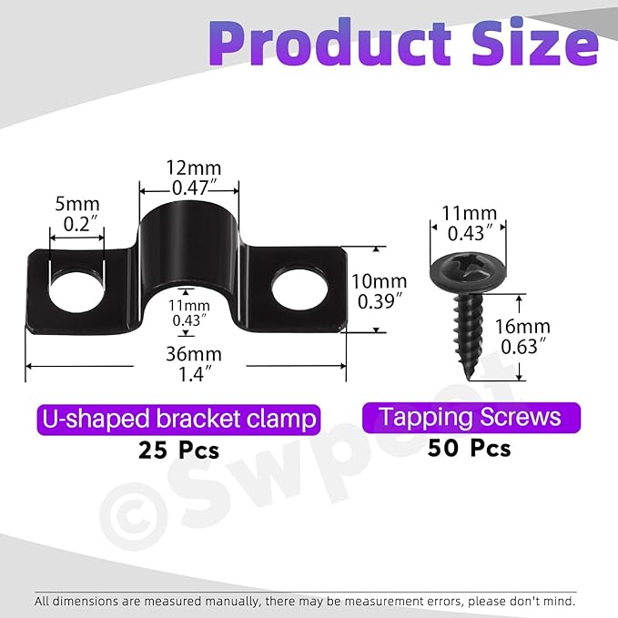 Swpeet 25Pcs 12mm Two Hole U Bracket Clamp with 50Pcs Self-tapping Screws Kit, U-Clamps, Metal Pipe Clamps, Pipe Strap Clamps, Conduit Clamps, Tension Clips for Fixing Pipe or Cable