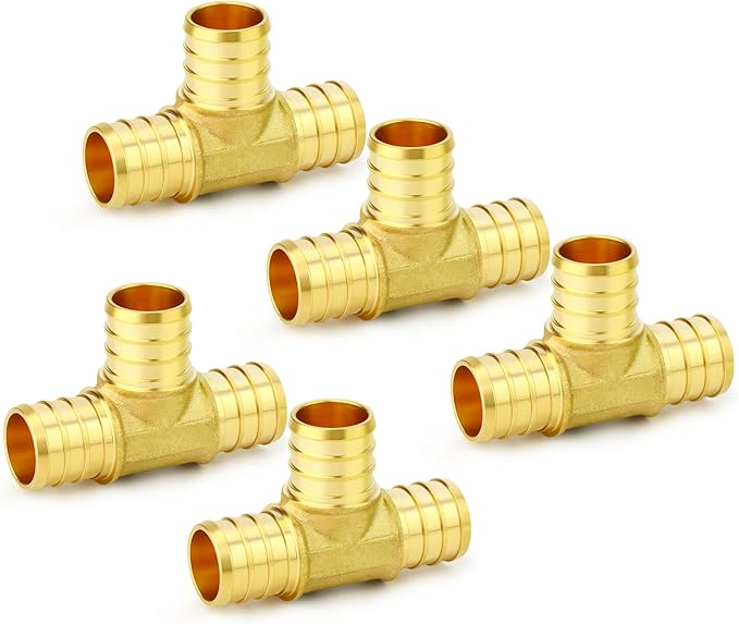 GASHER 5Pcs No Lead Brass 3/4" Pex Tee Fittings, 3/4 Inch Pex Fittings for Pex Tubing