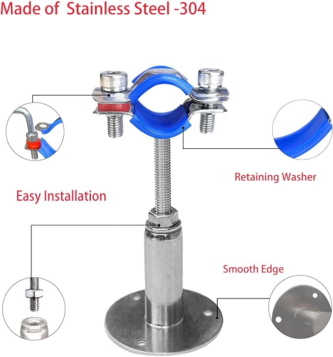 Wall Mount Ceiling Mount Pipe Supports,Adjustable Pipe Clamps 、Hangers、 Stainless Steel 304,2PCS Suitable for Pipe OD 15-19mm Adjustable Height 50-100mm