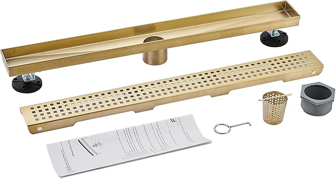 Linear Shower Floor Drain, Brushed Gold 42 Inch 304 Stainless Steel Bathroom Drains Kit, Long Rectangular Shower Trench Drain with Square Pattern Drain Cover & Hair Catcher