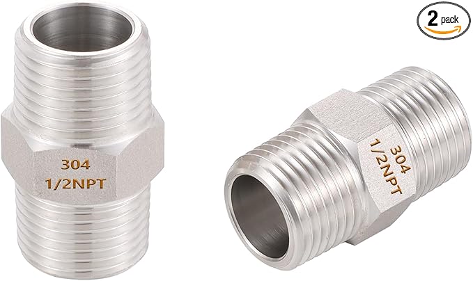 2PCS Hex Nipple 1/2" x 1/2" Male Pipe Fittings, 304 Stainless Steel 1/2 inch NPT Threaded Pipe Adapter Fittings, Male Straight Connector Pipe Fitting