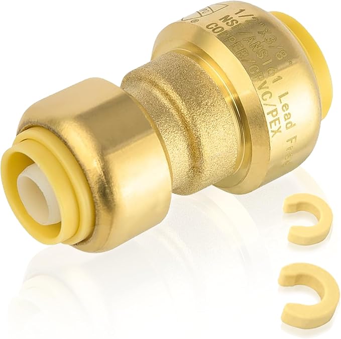 1-Pack HeSun Pushfit Coupling, 1/2"x3/8" Push to Connect Plumbing Fittings with Disconnect Clip, Brass Push-fit Fittings for PEX, Copper, CPVC, PE-RT Pipes(PF156)