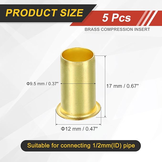 uxcell 5Pcs Fit for 9.5mm(3/8") Tube ID Brass Compression Fitting, Insert Tube Support Compression Sleeve Fitting, Sleeve Ferrules for Water Oil Air Pipe
