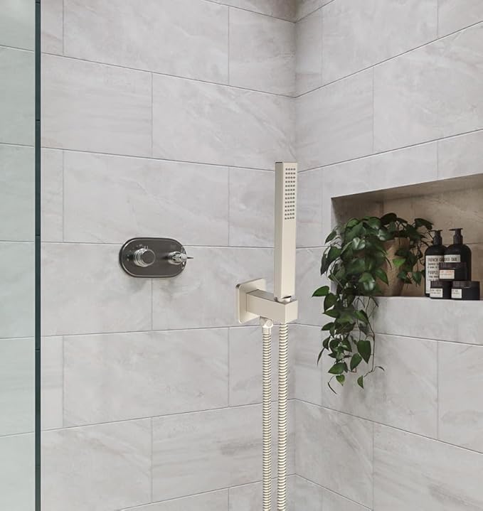 Aquaiaw Wall Supply Elbow with Flange, Tapered 1/2 NPT Female Inlet, Solid Brass Wall Union With Handshower Holder, Square Wall Supply Elbow With Hand Held Shower Head Bracket, Nickel Brushed PVD