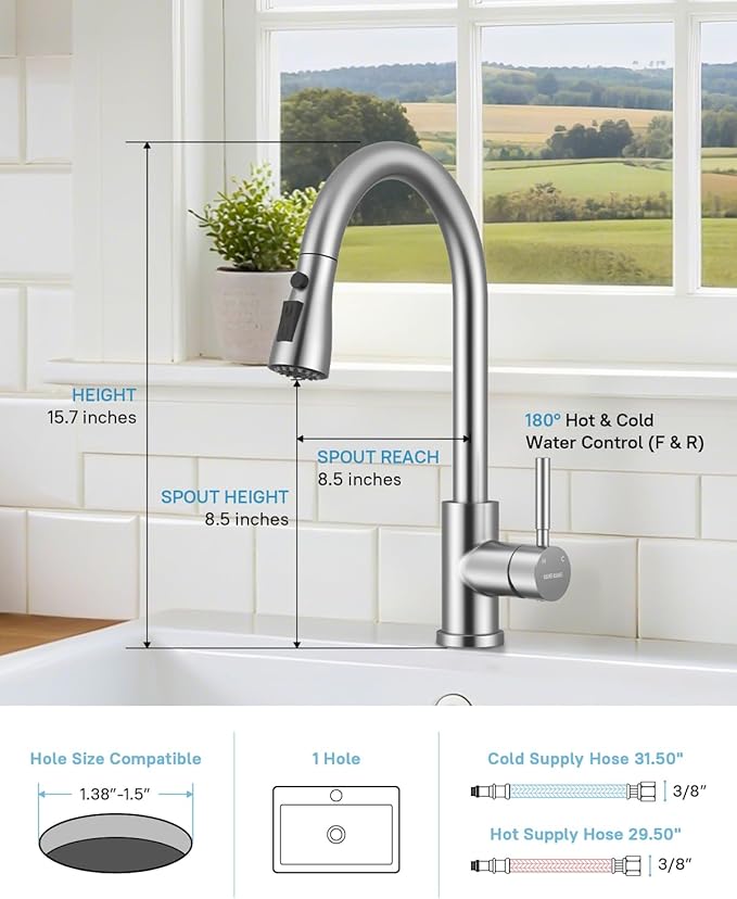 WEWE Kitchen Faucets with Pull Down Sprayer, Leak-Proof Stainless Steel Lead-Free Single Handle 1 Hole for Family Kitchen Commercial Camper Laundry Rv Bar, Brushed Nickel Bar Sink Faucet