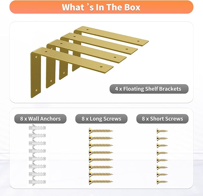 L Shelf Brackets 10 inch, Gold Heavy Duty Iron Shelf Brackets, Industrial Modern Floating Shelf Support for Wall Mount Shelves