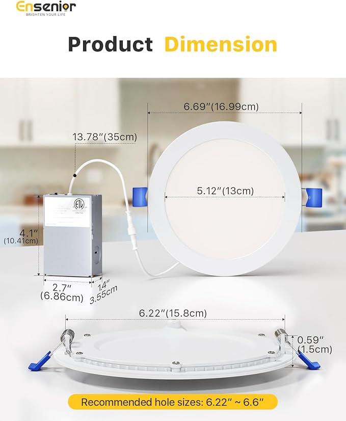 Ensenior 12 Pack 6 Inch LED Recessed Ceiling Light, Dimmable, 5000K Daylight, 1050LM 12W 120V, High Brightness Canless Wafer Downlight - ETL&FCC&IC
