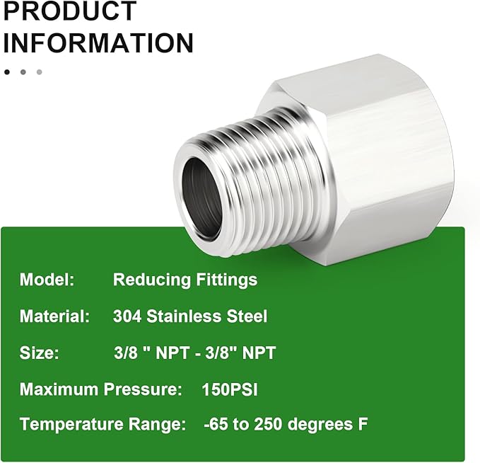 TAISHER 10PCS 304 Stainless Steel Pipe Fitting, Reducer Adapter, 3/8" NPT Male x 3/8" NPT Female