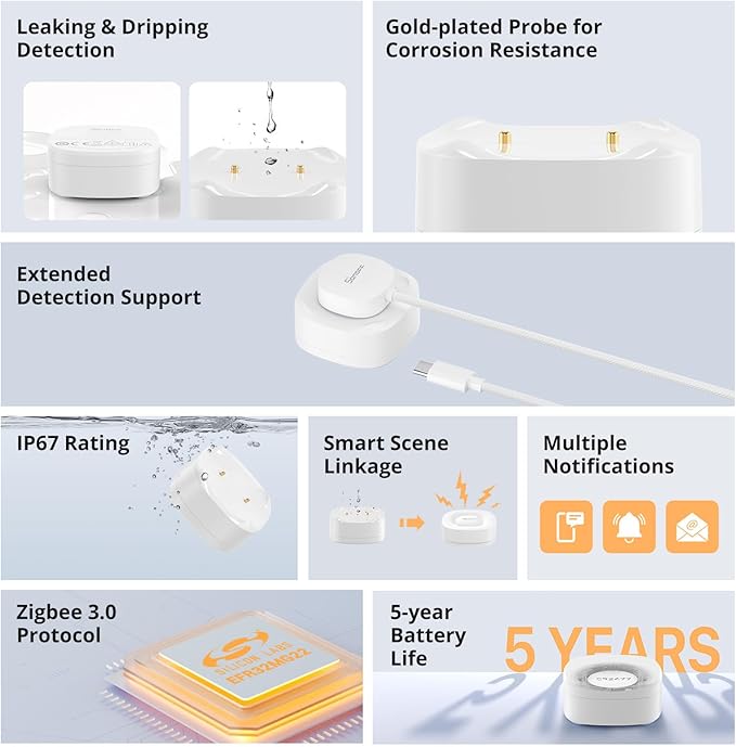 SONOFF SNZB-05P Zigbee Water Leak Sensor with Detection Cable for Alarm System and Smart Home Automation, Wireless Mini Flood Detector for Kitchen Bathroom Basement 2Pack