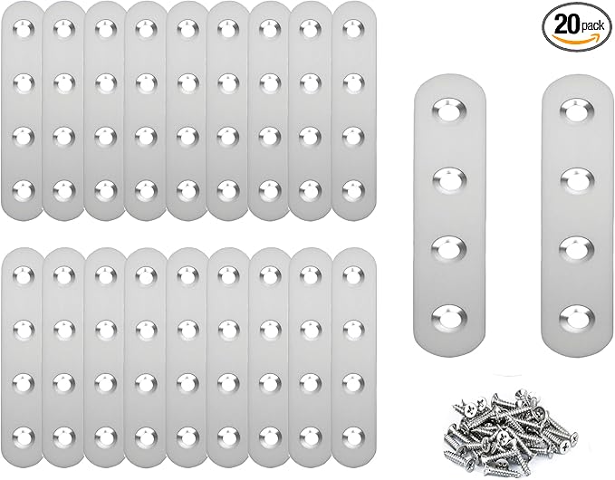 20PACK 3INCH X 0.6INCH Stainless Steel Straight Flat Bracket Repair Plate Brace,Mending Joining Plates for Wood, Board, Bed Frame, Furniture & Shelves,with Screws