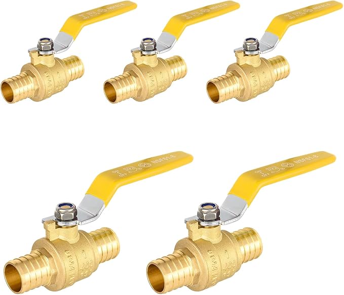 5-Pack Foskan 1 Inch PEX Crimp Full Port Ball Valve with Yellow Handle, Brass Quarter Turn Shut-off Valve for PEX Tubing