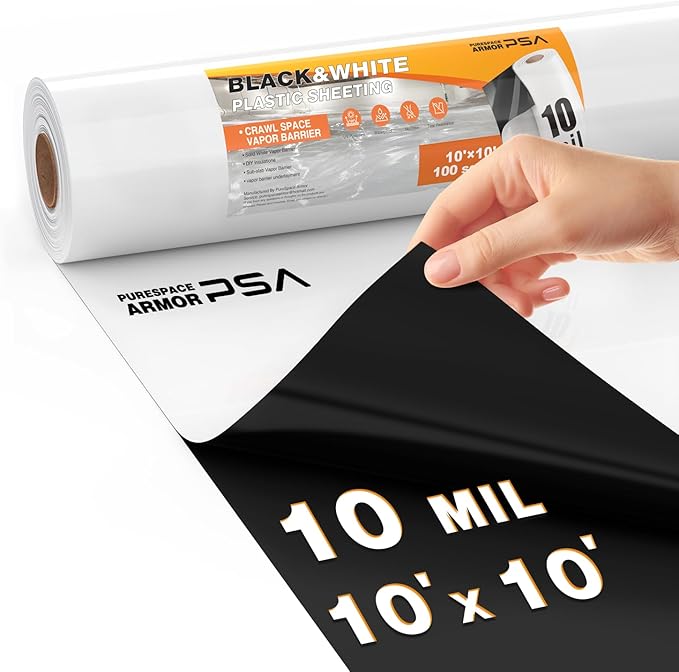 Crawl Space Vapor Barrier, 10 Mil Vapor Barriers, 10' x 10', Drop Cloth Vapor Barrier Covering for Crawl Space Encapsulation, Heavy Duty Polyethylene Plastic Sheeting, Black and White Panda Film