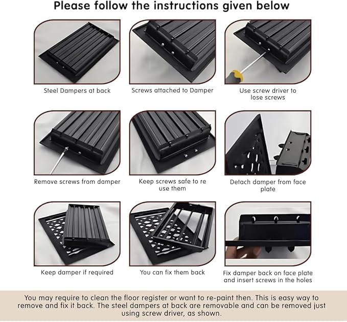 Prima Decorative Floor Register 4x10 – Cast Aluminum Heavy-Duty Air Vent Cover – Matte Black – Walkable Design with Easy-Adjust Louvers – 6x12 Faceplate, 5mm Thick – No Screw Holes