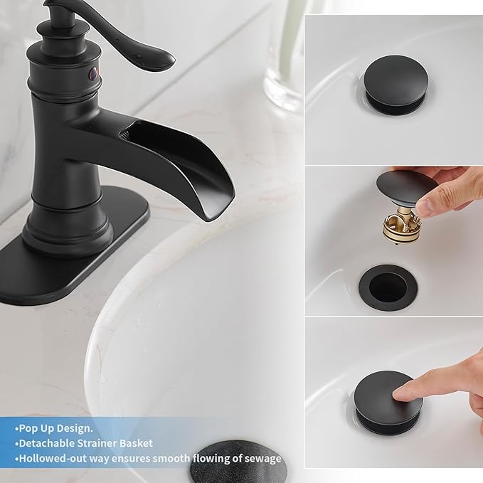 BWE Pop-Up Drain Assembly with Strainer for Bathroom Vessel Vanity Faucet Bathroom Vessel Sink Drain Stopper Without Overflow Sink One-Piece Matte Black