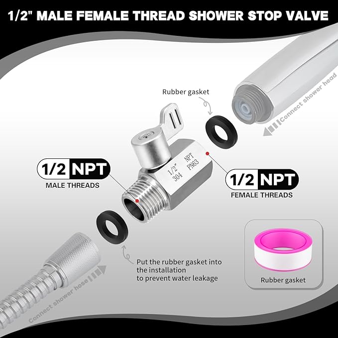 Shower Head Shut Off Valve,304 Stainless Steel 1/2" Mini Ball Valve NPT Thread,Shower Head Flow Control Valve