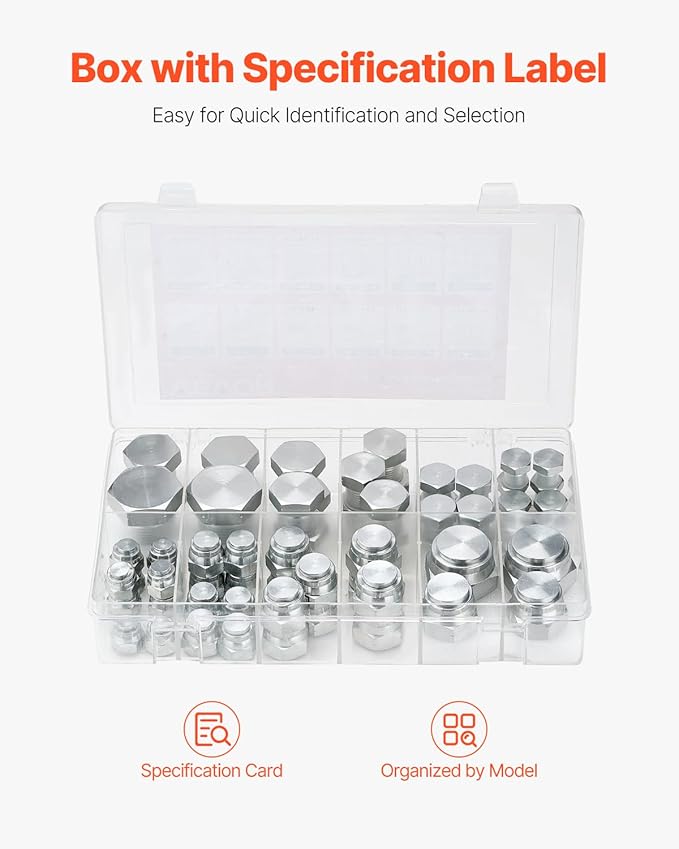 VEVOR 64 PCS BSPP Hydraulic Fittings, Hydraulic Cap and Plug Kit with Precision Threading, Galvanized Steel Heavy Duty Hydraulic Fitting Adapter Kit, Dash Sizes 04/06/08/10/12/16