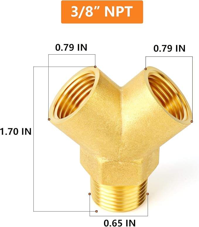 GASHER 2PCS Brass Pipe Fitting Male Branch Tee Y Adapter 3/8" NPT Female x 3/8" NPT Female x 3/8" NPT Male