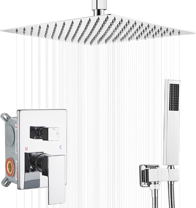 12 Inch Ceiling Mount ‎Polished Chrome Shower System Bathroom Luxury Rain Mixer Shower Combo Set Ceiling Rainfall Shower Head System (Contain Shower Faucet Rough-in Valve Body and Trim Kit)