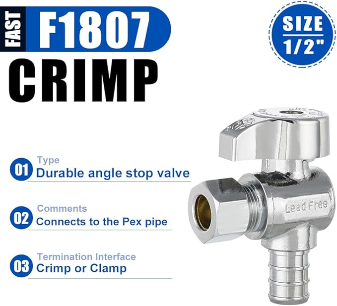 Pro 10-Pack EFIELD 1/4 Turn 1/2 in. Crimp PEX Barb Crimp Inlet x 3/8 in. Compression Outlet Angle Valve, Chrome Plated Brass, Heavy Duty,(VALVE374)
