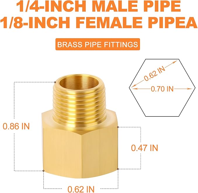 GASHER 2PCS Brass Pipe Fitting, Reducer Adapter, 1/8-Inch Male Pipe x 1/4-Inch Female Pipe