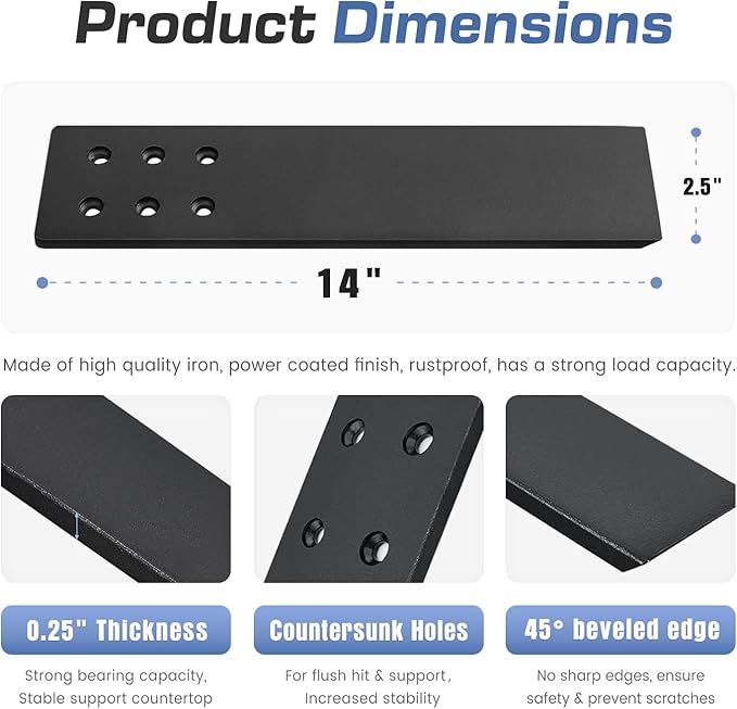Countertop Support Brackets Heavy Duty 4 Pack 1/4" Thick 14 Inch Flat Hidden Knee Wall Countertop Bracket for Granite Quartz Wood Concret Countertops Screws Included