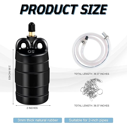 2 Inch Inflatable Pipe Plug Sewer Test Plug with 39.37" Hose and Chain, Inflatable Balloon Rubber Plug for Water Pressure Testing, Water Flow Blocking, and Pipe Leak Inspection