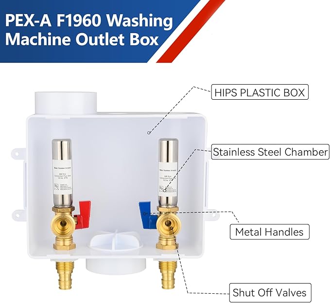 Washing Machine Outlet Box with Water Hammer Arrestor,1/2 Inch PEX A Expansion F1960 Inlet Connection,3/4 Inch MHT Outlet Male Thread Connection, Washing Box with 1/4-Turn Ball Valves
