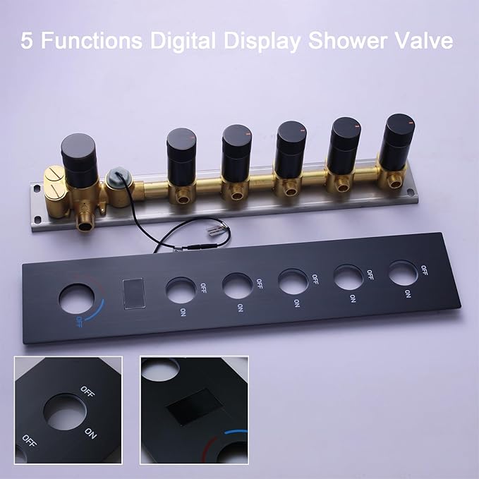 Shower Valve Concealed Shower Mixing Faucet with Temperature Display Function, Flow Control Brass Diverter Valve Kit, 5 Function Can Be Activated Simultaneously, Oil Rubbed Bronze