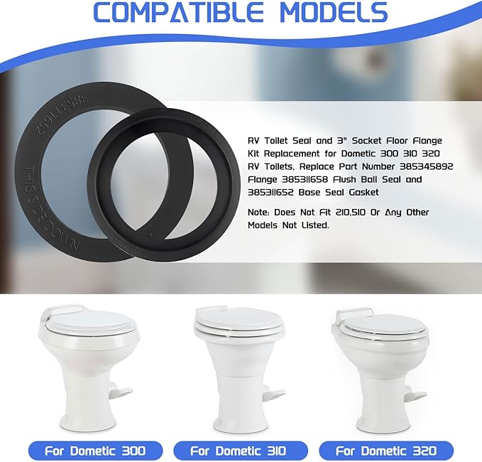 RV Toilet Seal, 3" Socket Floor Flange Kit for Dometic 300 310 320 RV Toilets, Replace 385345892 Flange, 385311658 Flush Ball Seal and 385311652 Base Seal Gasket, 3 in 1 Repair Kit