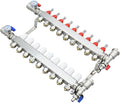 9 Branch PEX Radiant Floor Heating Manifold Set Floor Heating Water Distributor 1/2" Pipe Adapter 308 Stainless Steel and Brass, for Heating Systems