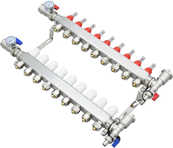 9 Branch PEX Radiant Floor Heating Manifold Set Floor Heating Water Distributor 1/2" Pipe Adapter 308 Stainless Steel and Brass, for Heating Systems