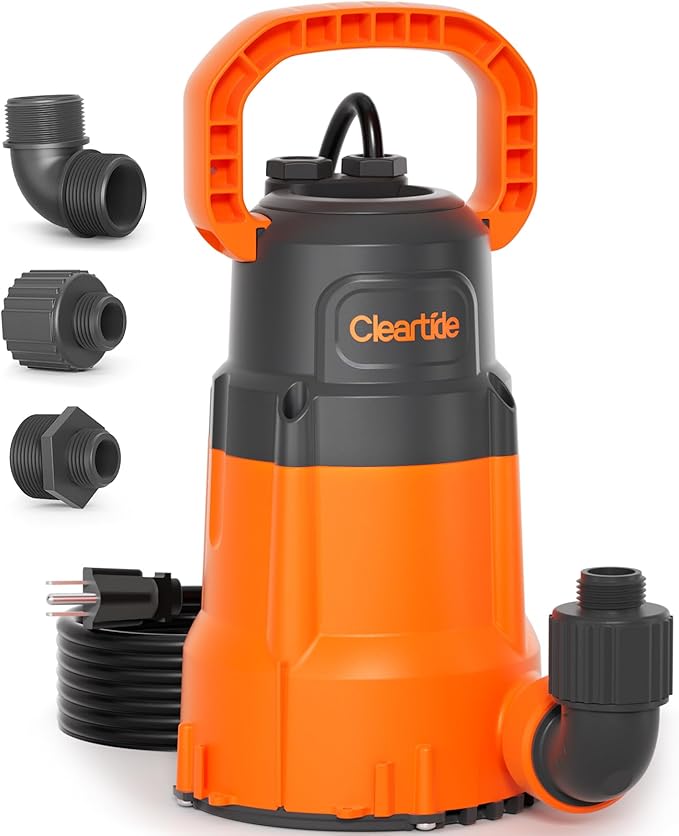 Cleartide Submersible Sump Pump, 1/4 HP Utility Water Pump for Pool Draining, Hot Tub, Basement,100% Copper Motor, Electric Drain Pump Handles 1/8" Solids, 10 FT Cord