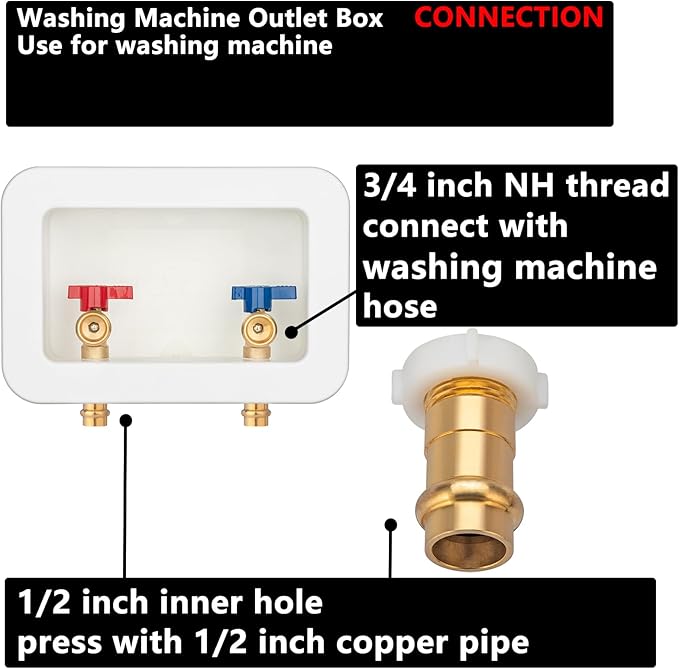 (1 Pack) Lidertik Washing Machine Outlet Box Press with Center Drain, Inlet 1/2 inch Press connect x Outlet 3/4 inch NH Thread LI-XYJH-560-LK