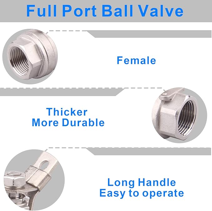 DERNORD Stainless Steel 304 Ball Valve, Full Port Heavy Duty for WOG with Locking Device (3/4" NPT)