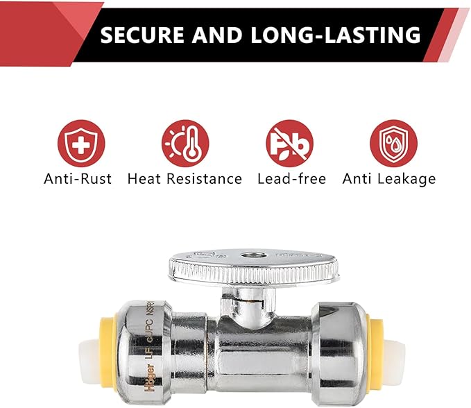 EFIELD Push Fit 1/4 Turn Straight Stop Valve Water Shut Off 1/2 Inch Push x 1/2 Inch, Chrome with Disconnect Clip,(PF-VALVE035)