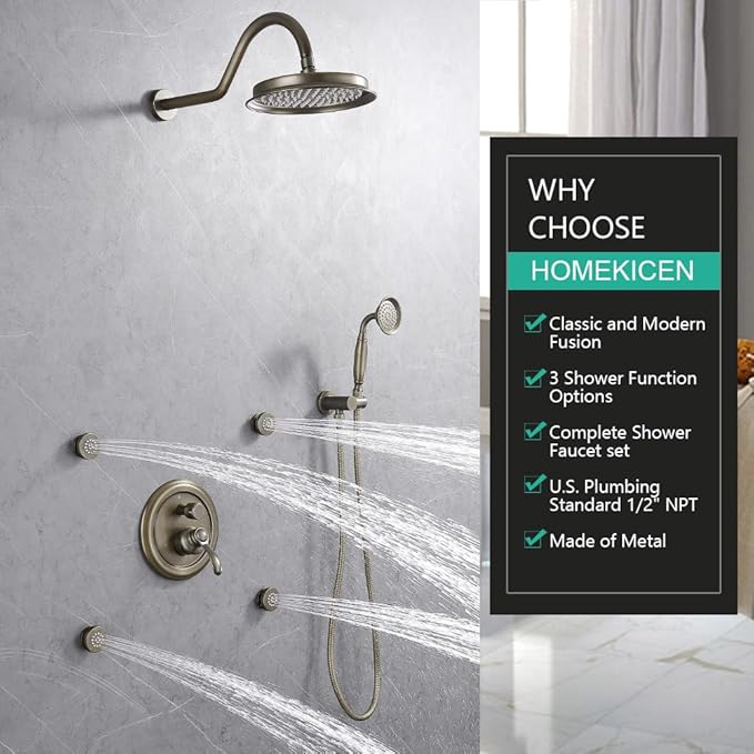 Antique Brass Shower System - Faucets Sets Complete Wall Mounted 9" Rain Head with Handheld Spray and Body Jets Bathroom Fixtures Combo, 3 Way Diverter Rough in Valve Trim Kit